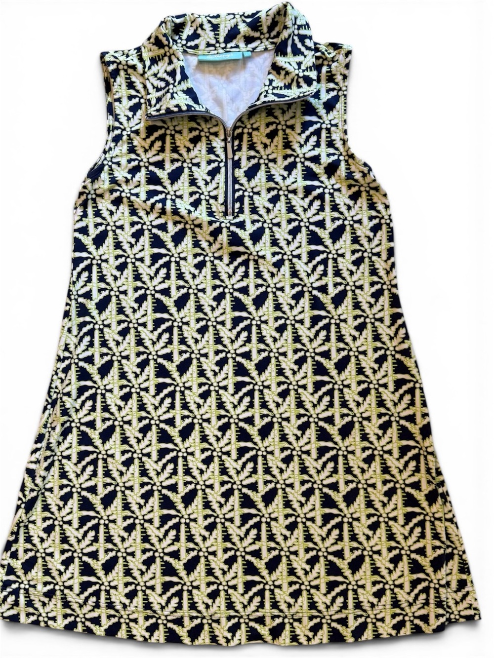 Anthony's Resort Wear Sleeveless Palm Tree Print Dress - Navy & Lime